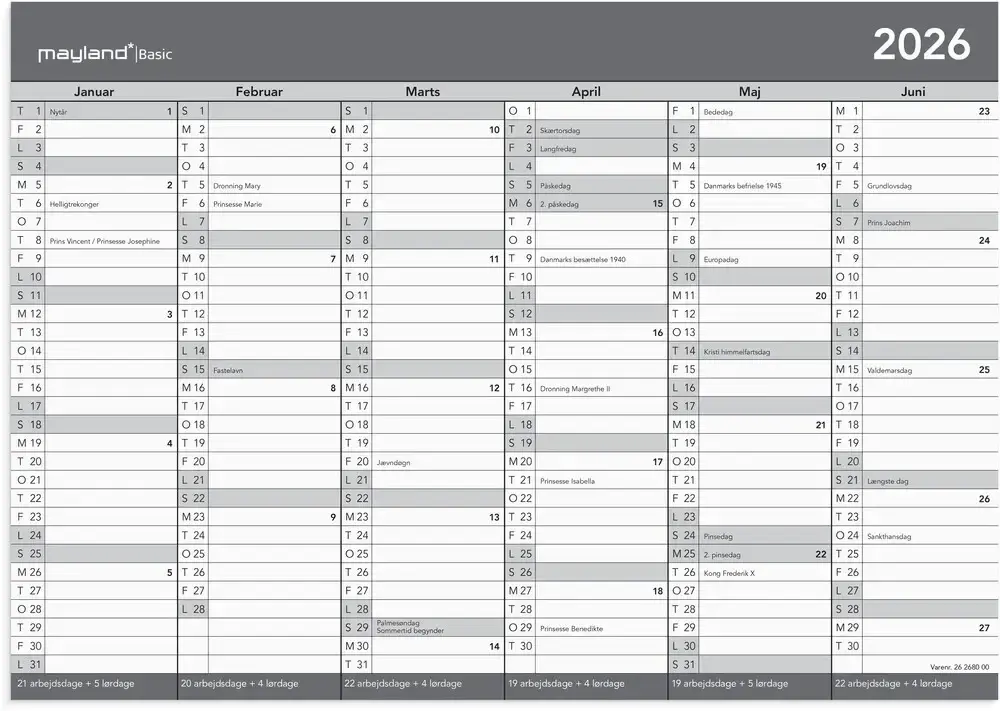 Kontorkalender basic 2026 a4 2x6 mdr.