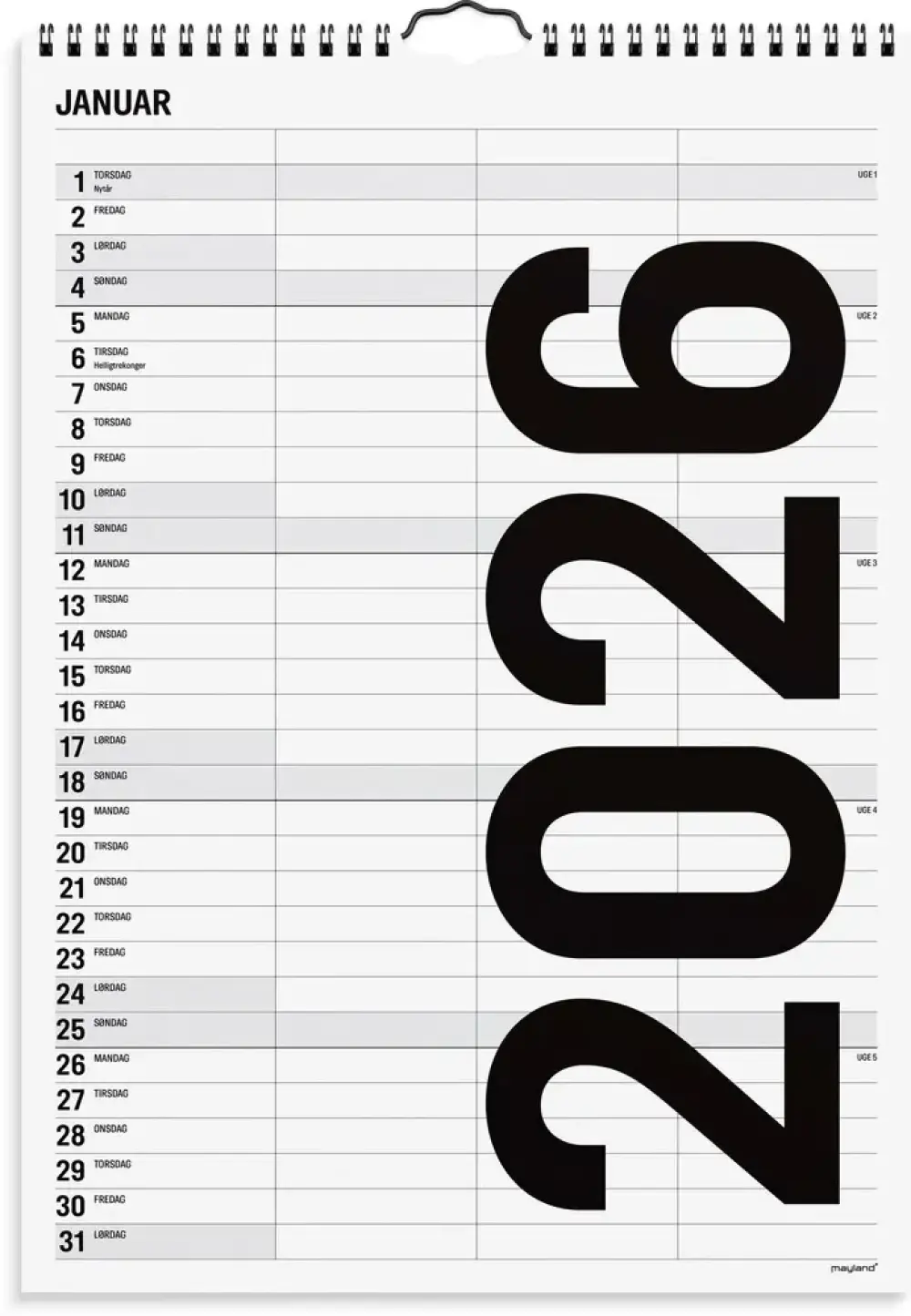 Familiekalender 2026 sort/hvid 3 kol