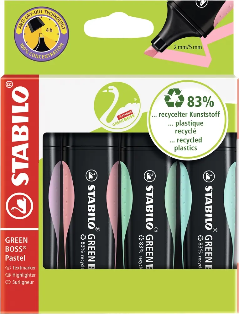 Tekstmarker Stabilo Green Boss sæt m/4 stk. pastel farver