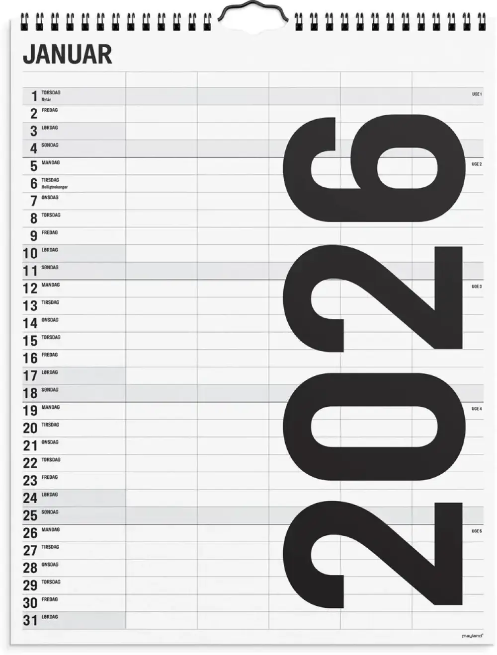 Familiekalender 2026 sort/hvid 5 kol