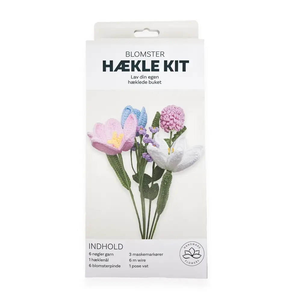 Hækle kit pastel blomster 6 stk blå, pink, hvid, lilla, grøn