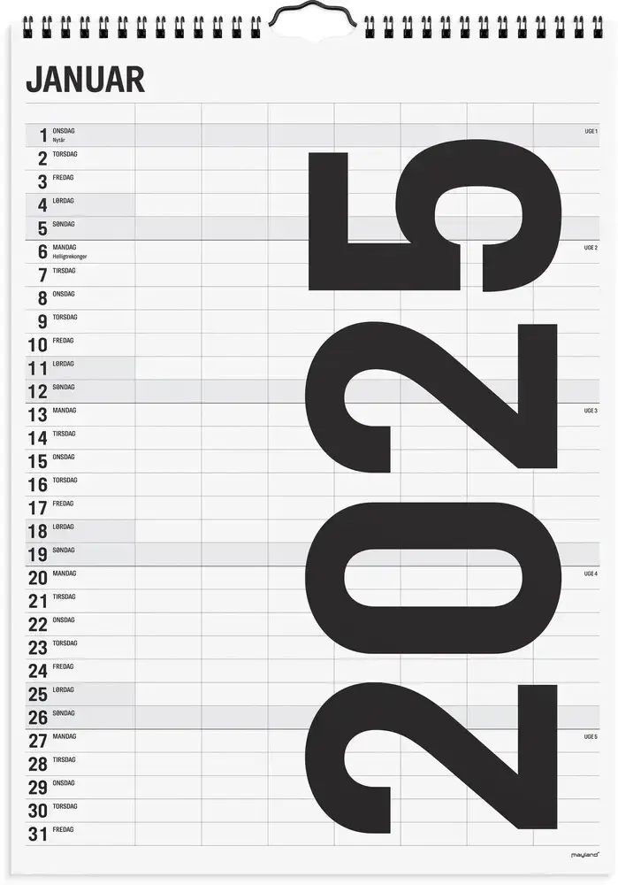 Mayland Familiekalender 2025 sort/hvid 7 kol