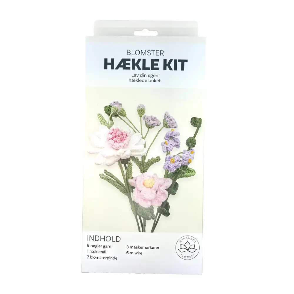 Hækle kit pastel blomster 6 stk i hvid, pink, lilla, grøn