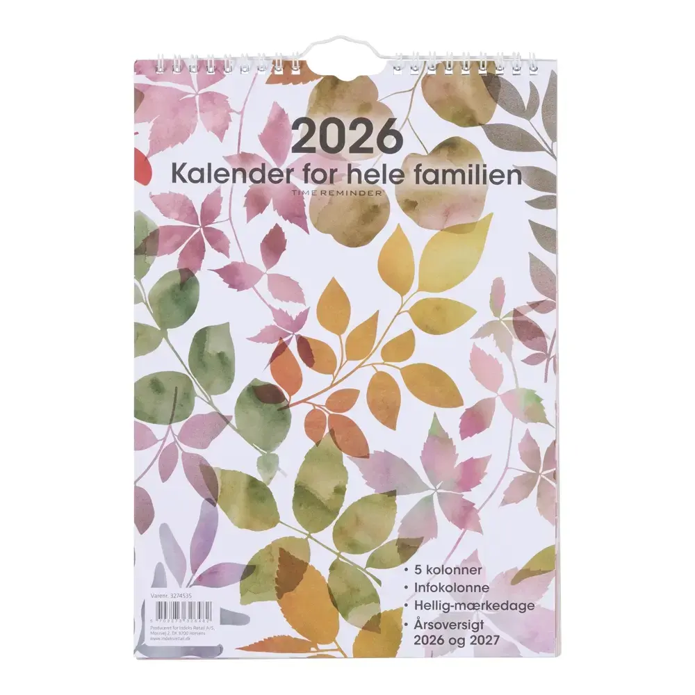 Familiekalender 2026 A4 Grafisk 5Pers. Årsoversigt 2026/2027