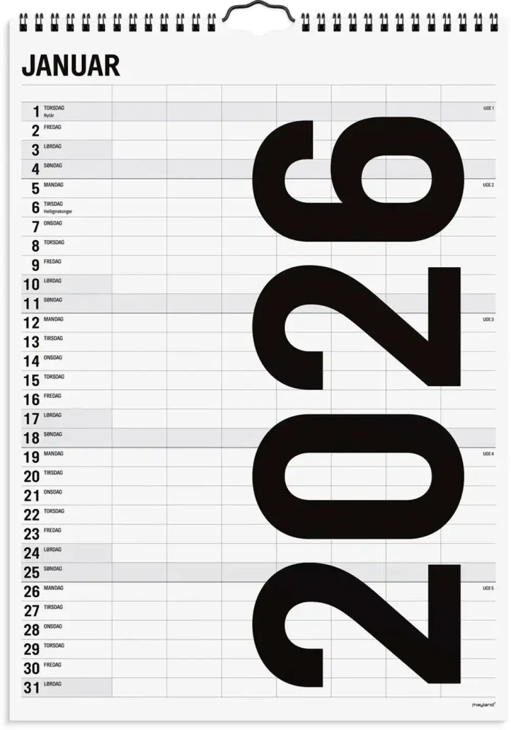 Familiekalender 2026 sort/hvid 7 kol