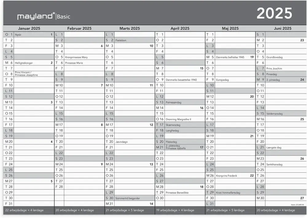 Mayland Kontorkalender basic 2025 A3 2x6 mdr.