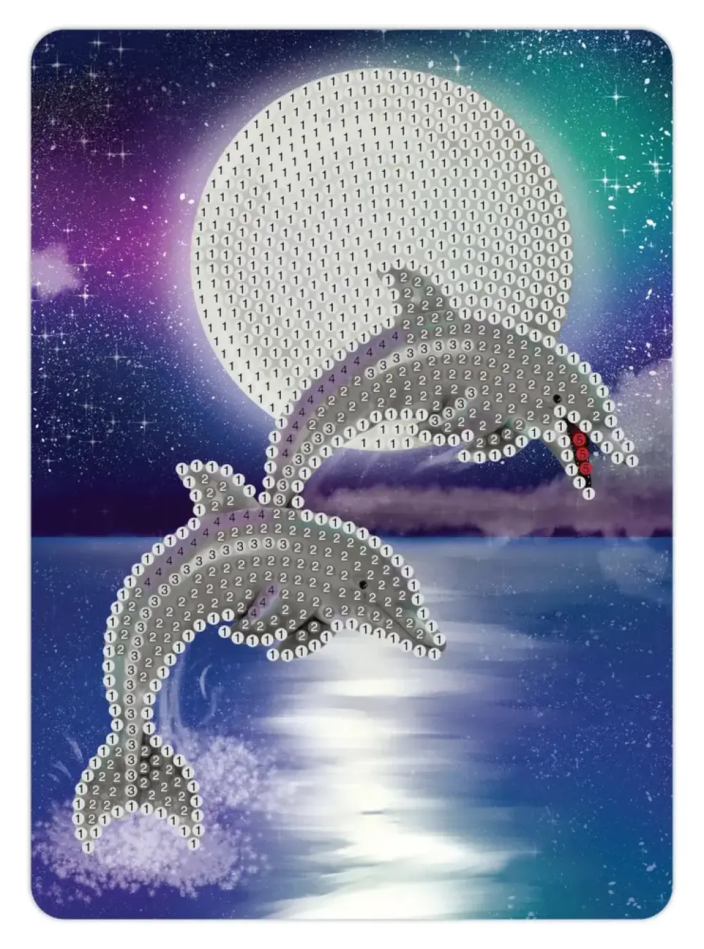 Diamond art delfiner/måne glow in the dark 13 x 18 cm