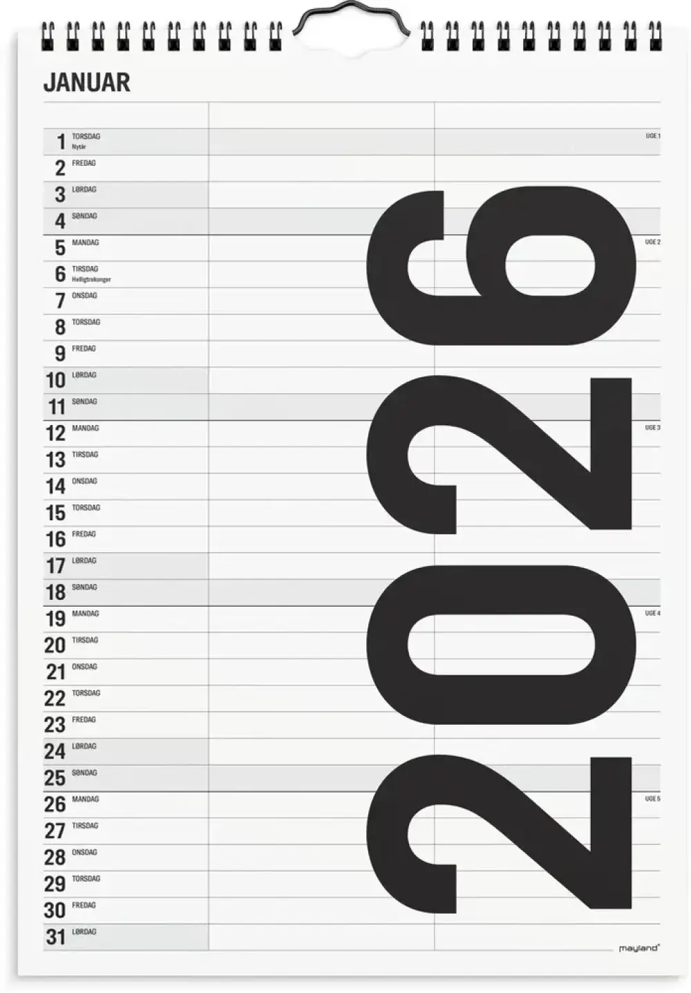 Familiekalender 2026 sort/hvid a4 2 kol 